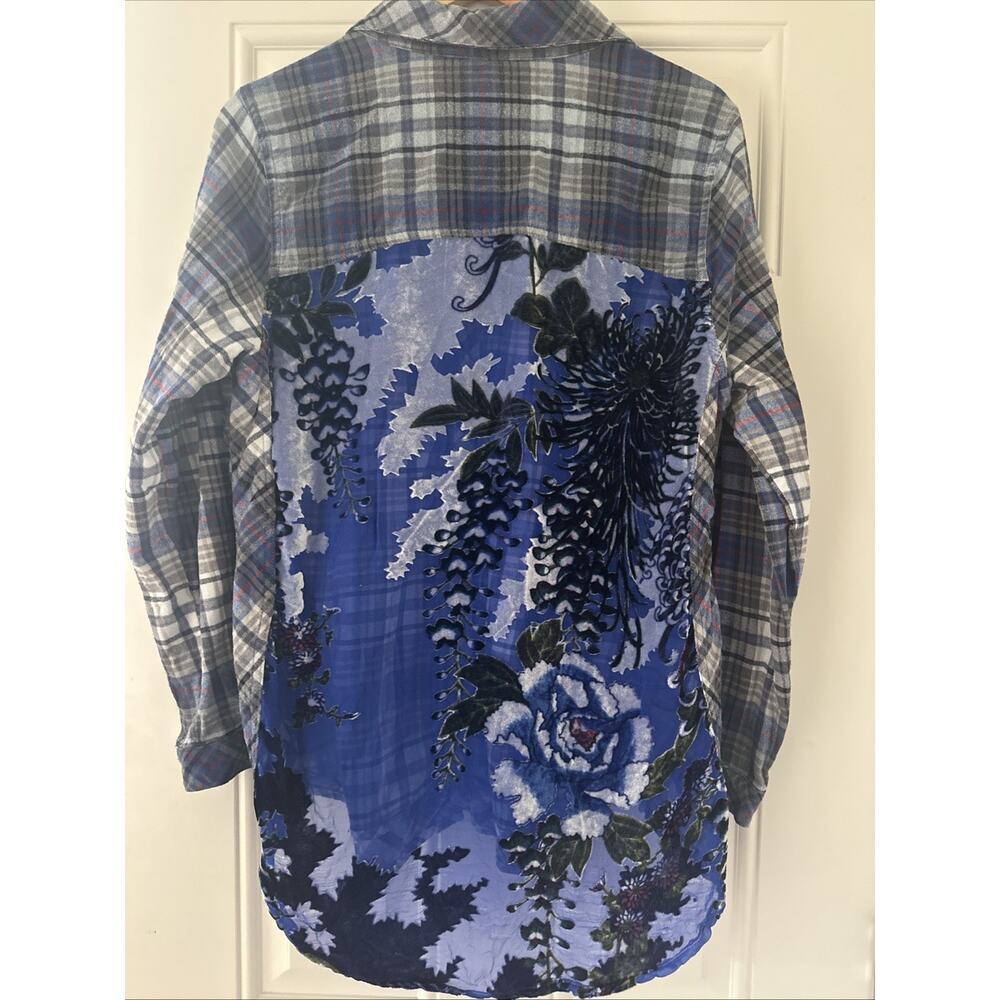 Soft Surroundings Women Blue Gray Plaid Burn‎ Out Velvet Flannel Western Shirt M